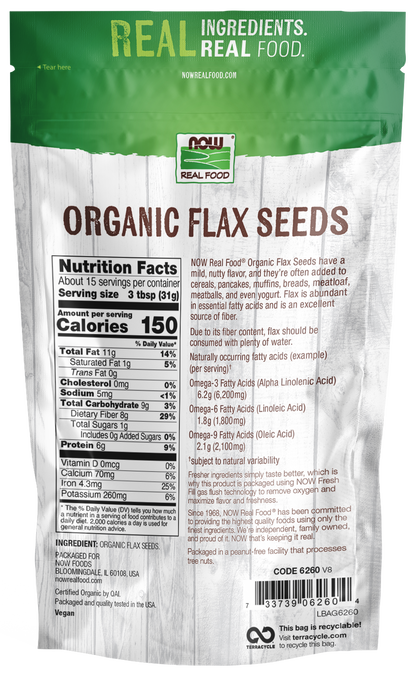 NOW Foods, Organic Flax Seeds, Excellent Source of Fiber, 1 lb