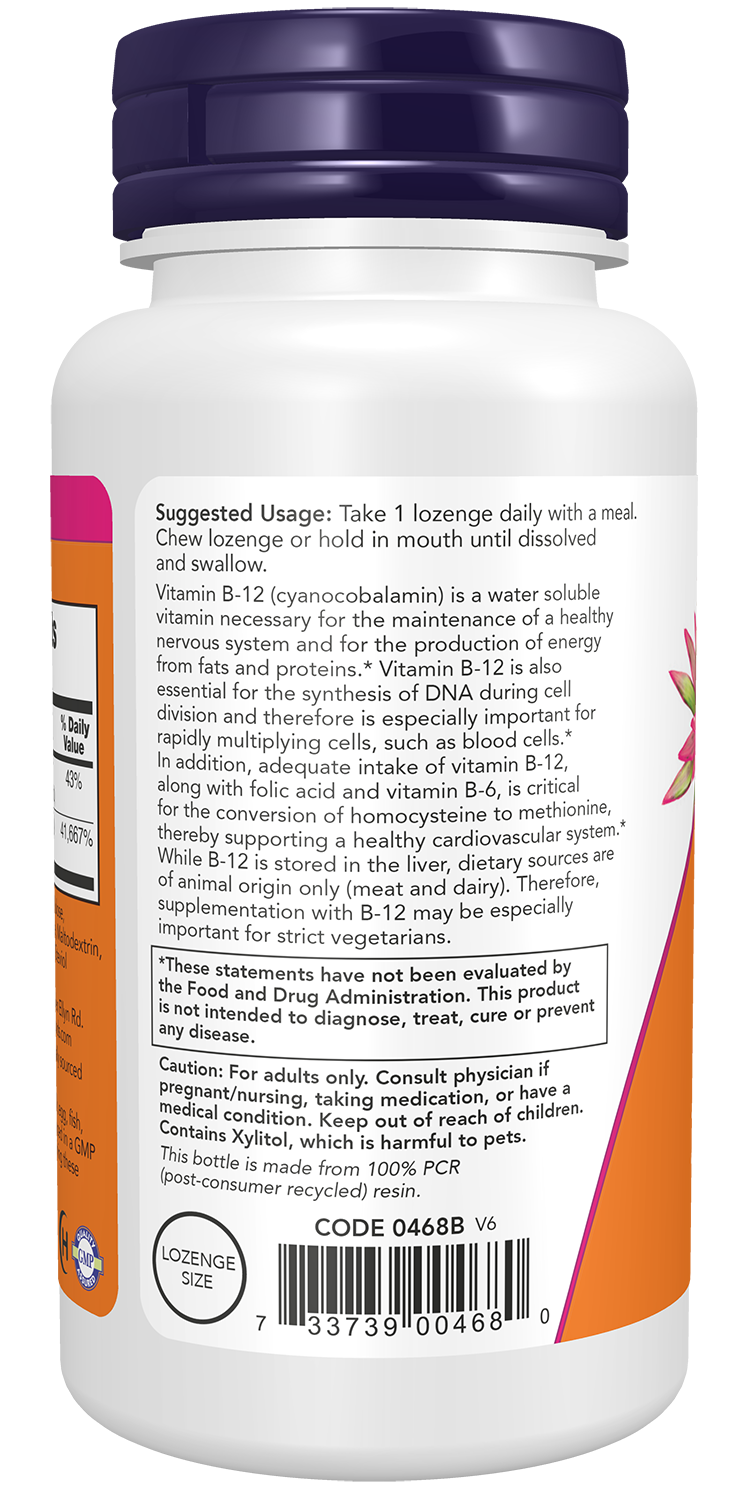 NOW Supplements, Vitamin B-12 1,000 mcg w Folic Acid, 250 Chewable Lozenges