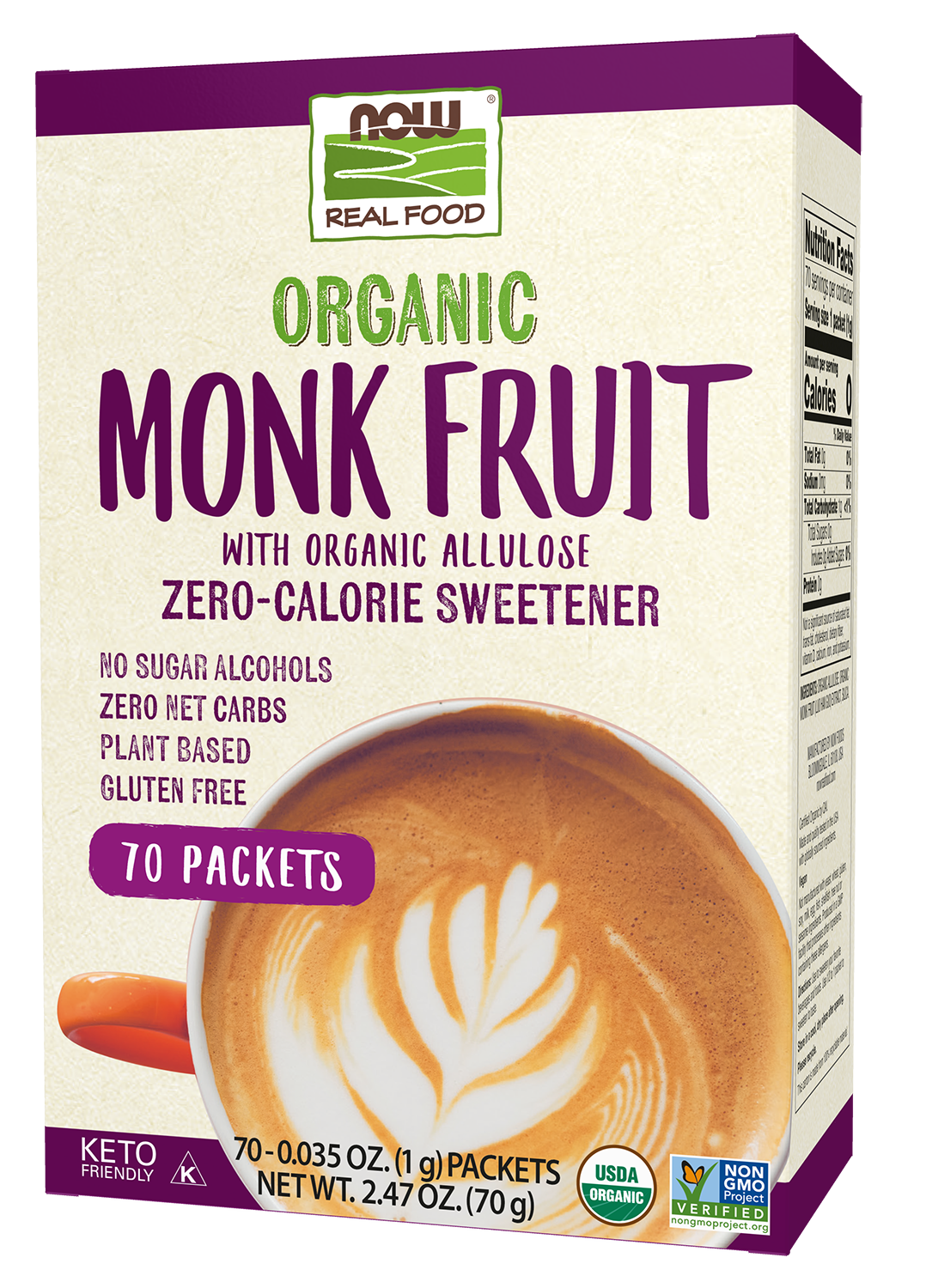 NOW Foods, Organic Monk Fruit, Zero-Calorie Sweetener, Non-GMO, 70 Packets