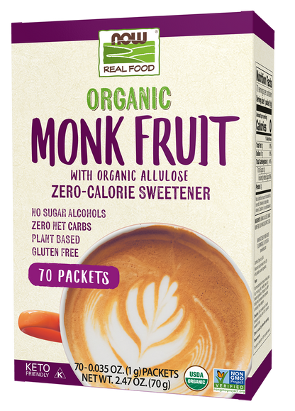NOW Foods, Organic Monk Fruit, Zero-Calorie Sweetener, Non-GMO, 70 Packets