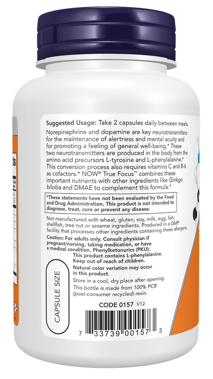 NOW Supplements, True Focus, with Amino Acids, DMAE + CoQ10, 90 Veg Caps