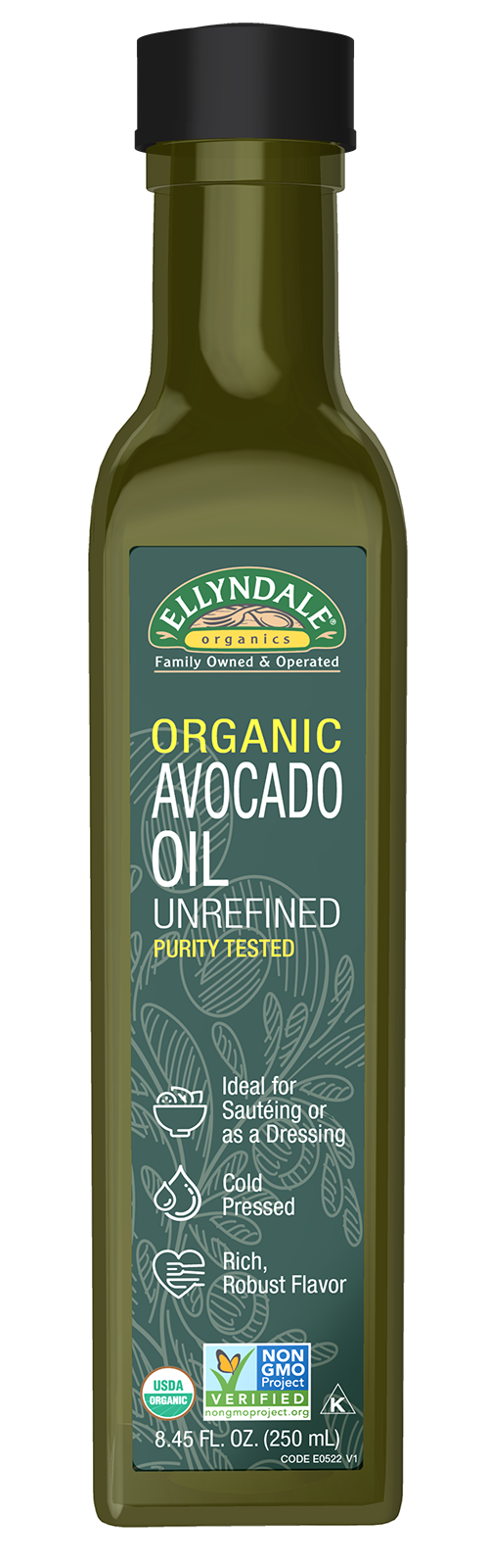 Ellyndale® Avocado Cooking Oil, Organic, Glass Bottle, 6 x 8.45 fl. oz.