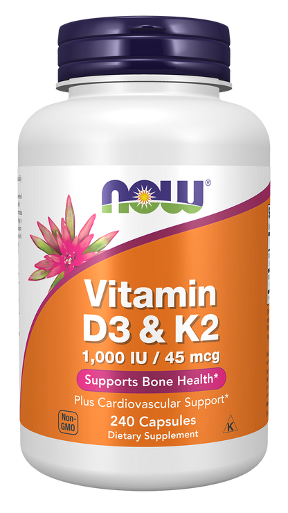 NOW Supplements, Vitamin D3 & K2, 1,000 IU/45 mcg, Plus Cardiovascular Support*, Supports Bone Health*, 240 Veg Capsules