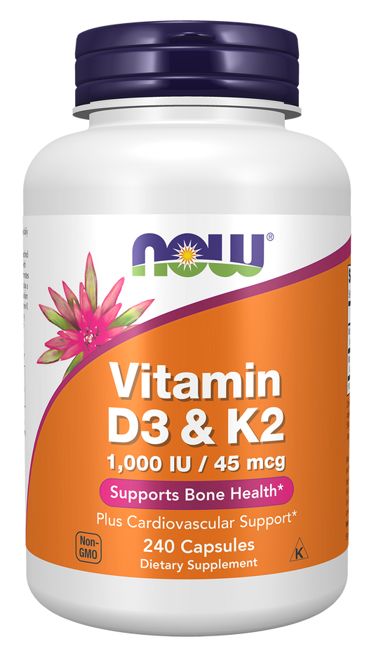 NOW Supplements, Vitamin D3 & K2, 1,000 IU/45 mcg, Plus Cardiovascular Support*, Supports Bone Health*, 240 Veg Capsules