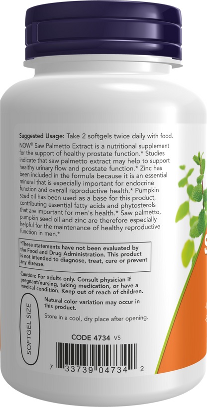 NOW Supplements, Saw Palmetto Extract, Pumpkin Seed Oil, Zinc, 90 Softgels