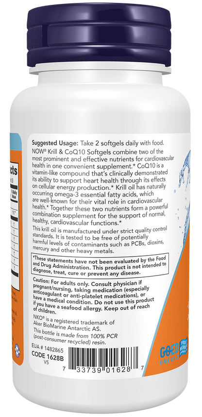 NOW Supplements, Krill & CoQ10, Heart Support*, 60 Softgels