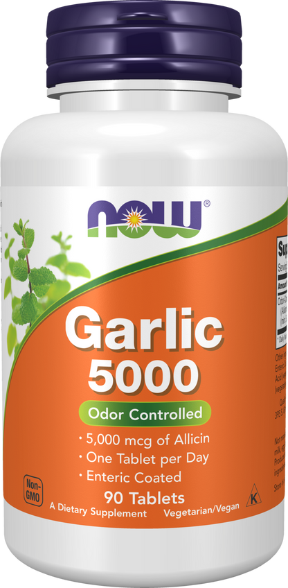 NOW Supplements, Garlic 5,000, Enteric Coated, Odor Controlled, 90 Tabs