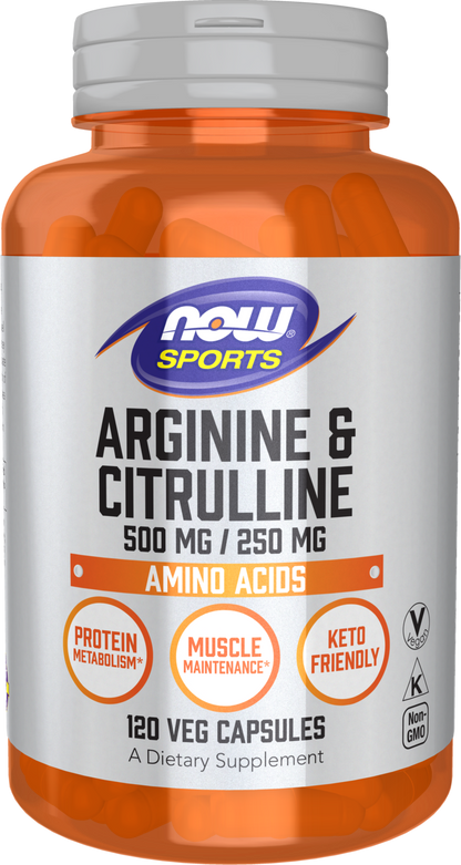NOW Sports, Arginine & Citrulline 500 mg/ 250 mg, Amino Acids, 120 Veg Caps