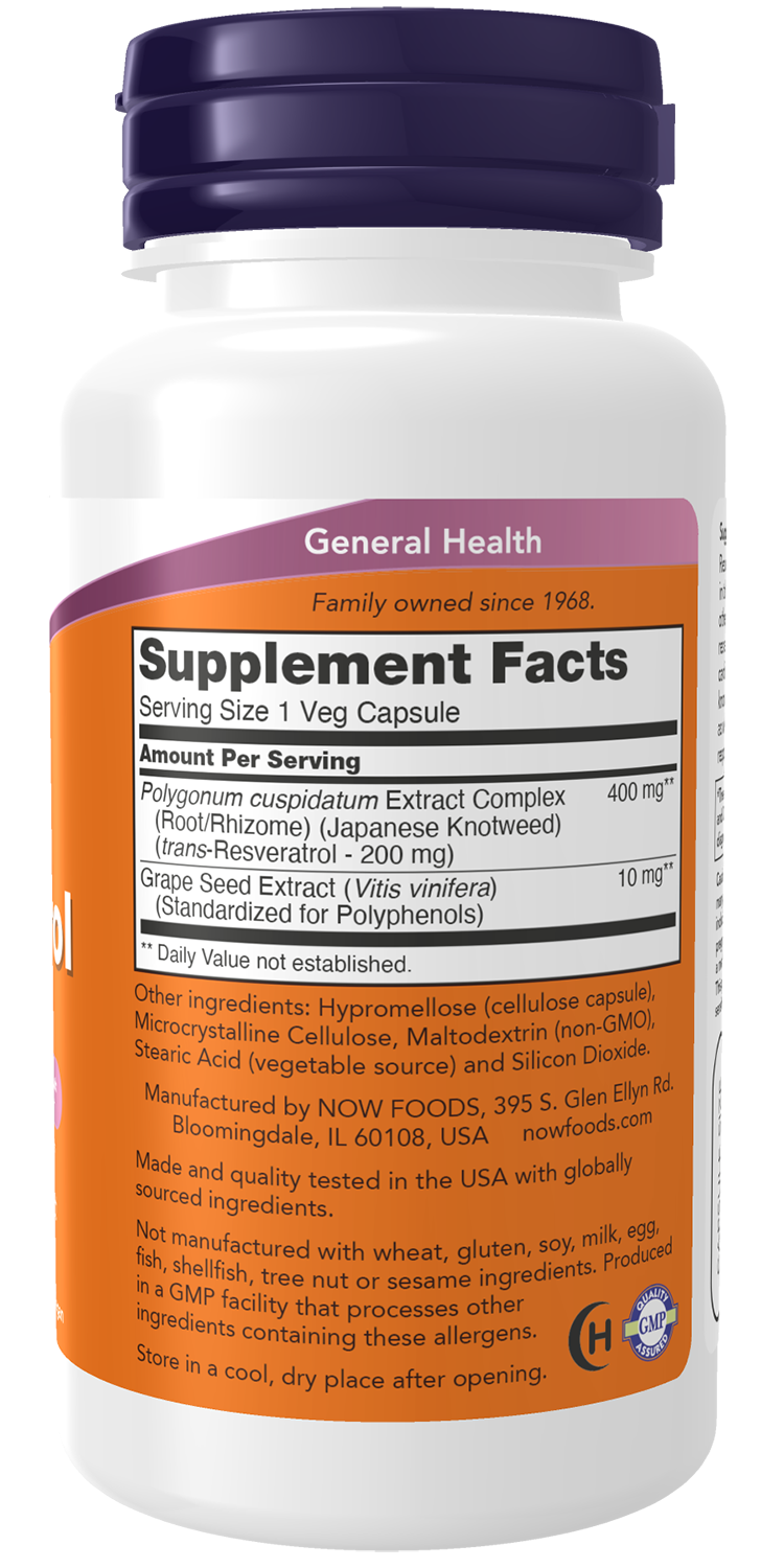 NOW Supplements, Resveratrol 200 mg, Grape Seed Extract, 60 Veg Caps