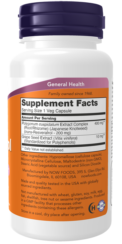 NOW Supplements, Resveratrol 200 mg, Grape Seed Extract, 60 Veg Caps