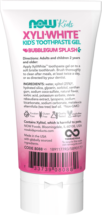 NOW Solutions, Xyliwhite™ Toothpaste Gel for Kids, Bubblegum Splash Flavor, Kid Approved! 3-Ounce, packaging may vary