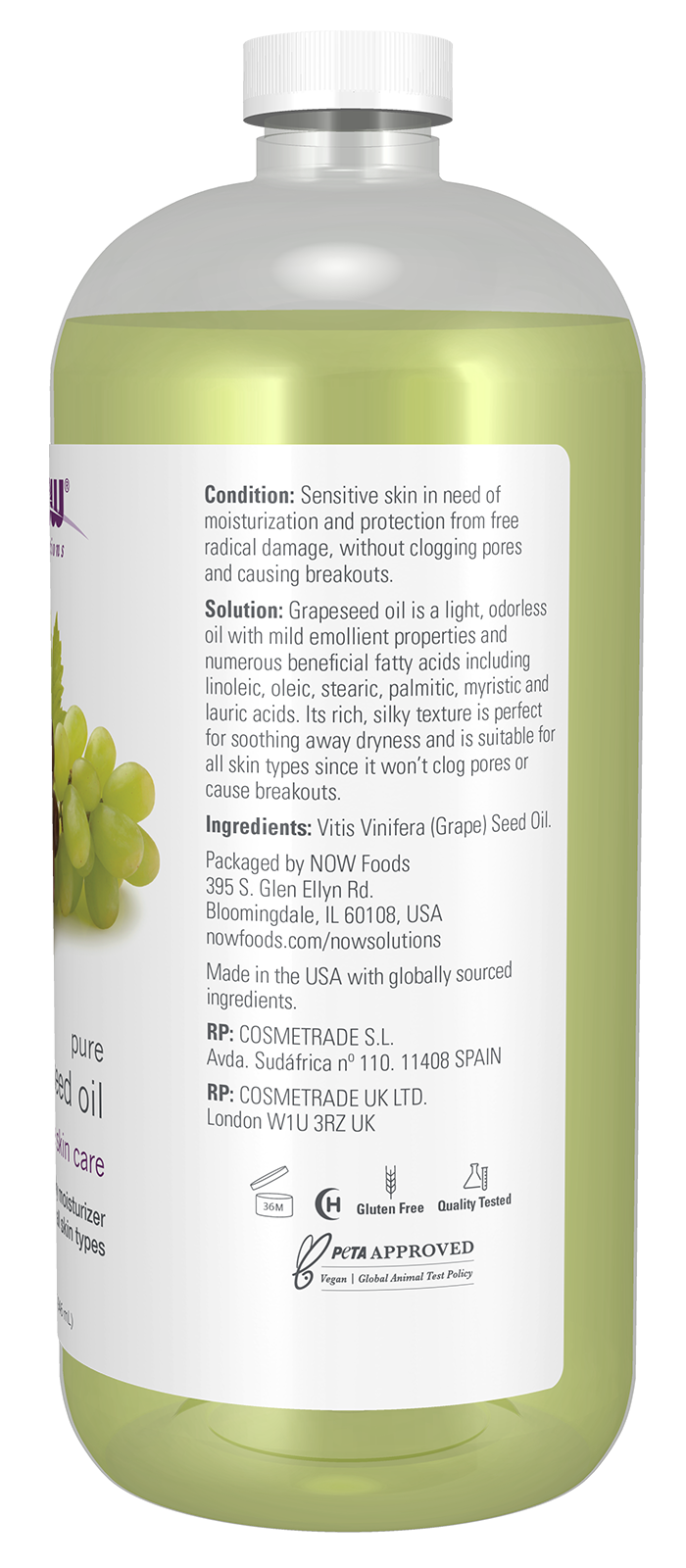 NOW Solutions, Grapeseed Oil, Sensitive Skin & All Skin Types, 32 fl. oz