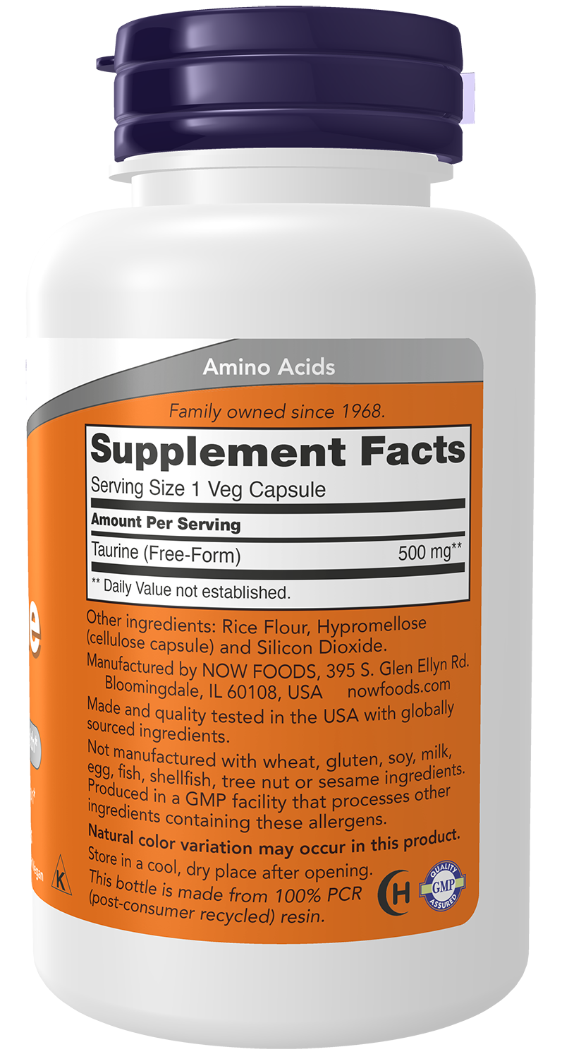 NOW Supplements, Taurine 500 mg, Amino Acid, 100 Veg Caps