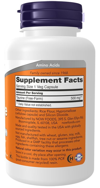 NOW Supplements, Taurine 500 mg, Amino Acid, 100 Veg Caps