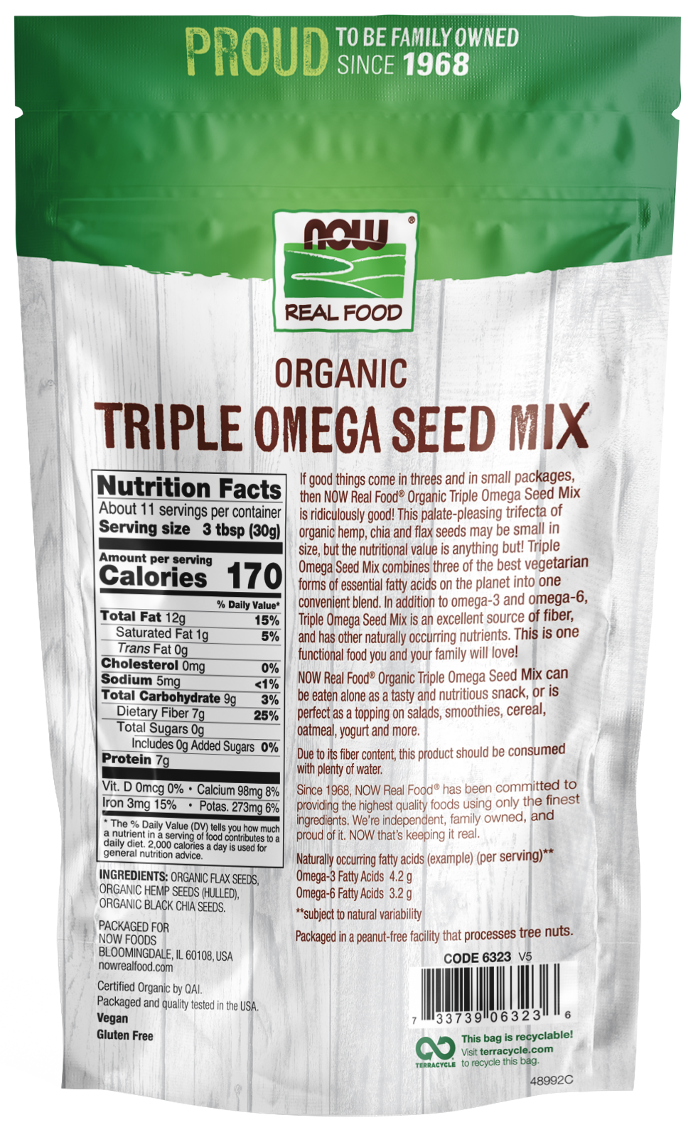 NOW Foods, Organic Triple Omega Seed Mix, Hemp Seeds, Chia and Flax, 12 oz