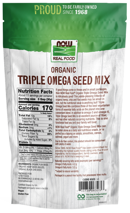 NOW Foods, Organic Triple Omega Seed Mix, Hemp Seeds, Chia and Flax, 12 oz
