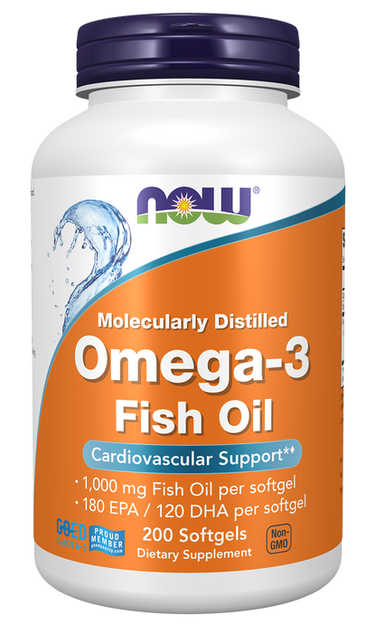 NOW Supplements, Omega-3 180 EPA / 120 DHA, Molecularly Distilled, Cardiovascular Support*, 200 Softgels