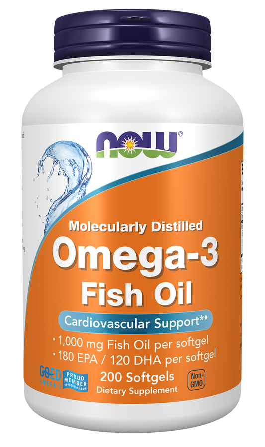 NOW Supplements, Omega-3 180 EPA / 120 DHA, Molecularly Distilled, Cardiovascular Support*, 200 Softgels