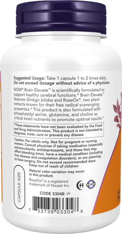 NOW Supplements, Brain Elevate™, Ginkgo Biloba & RoseOx®, 120 Veg Caps