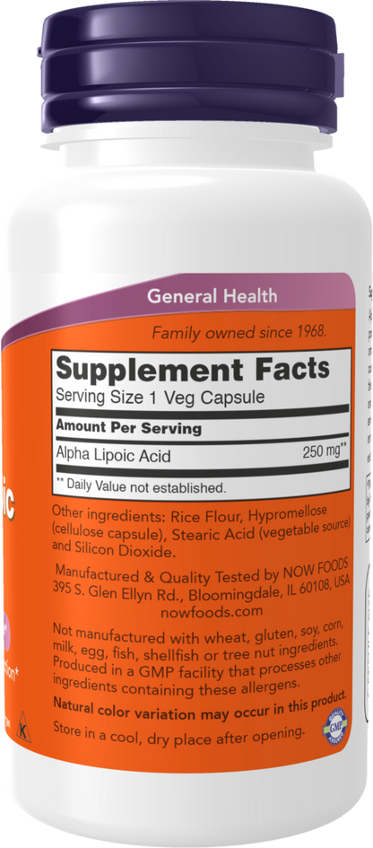 NOW Supplements, Alpha Lipoic Acid 250 mg, 60 Veg Caps