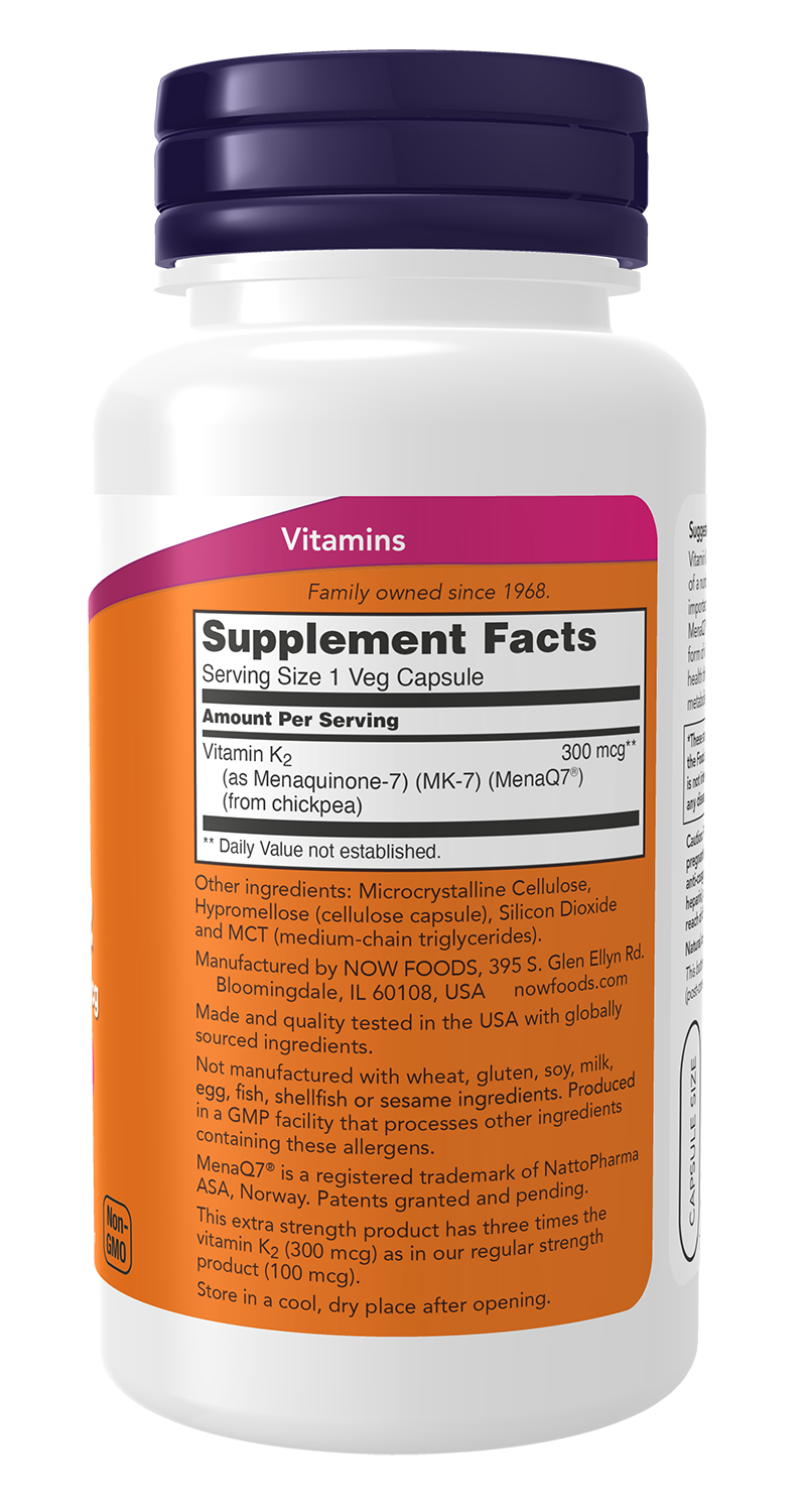 NOW Supplements, MK-7 Vitamin K-2, Extra Strength 300 mcg, 120 Veg Caps
