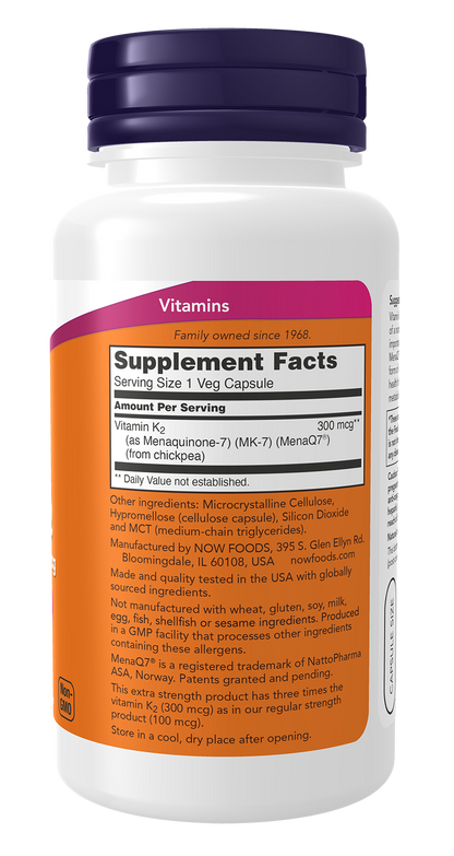 NOW Supplements, MK-7 Vitamin K-2, Extra Strength 300 mcg, 120 Veg Caps