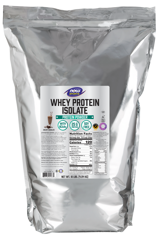 NOW Sports, Whey Protein Isolate 25 g With BCAAs, Chocolate Flavor, 10 lbs