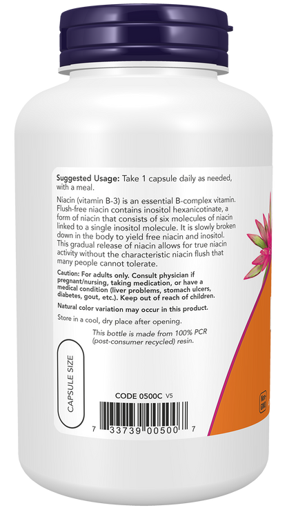 NOW Supplements, Niacin (Vitamin B-3) 500 mg, Flush-Free, 180 Veg Caps