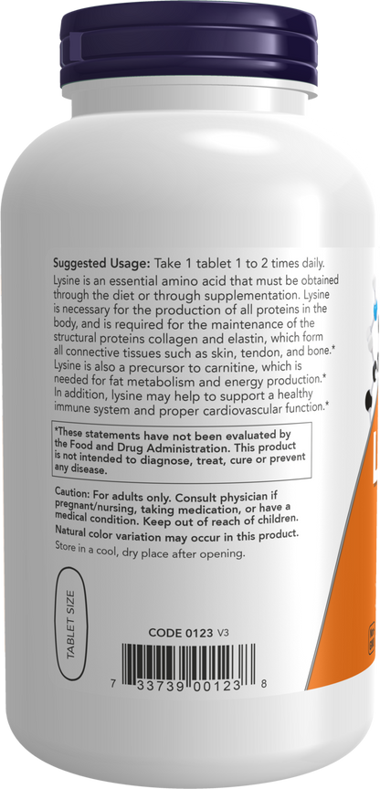 NOW Supplements, L-Lysine 1,000 mg, Double Strength, Amino Acid, 250 Tabs