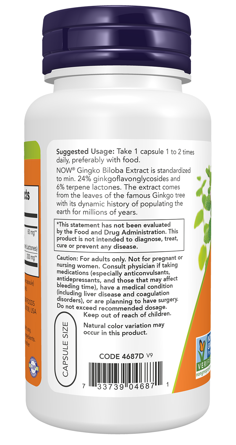 NOW Supplements, Ginkgo Biloba 60 mg, 24% Standardized Ext., 120 Veg Caps