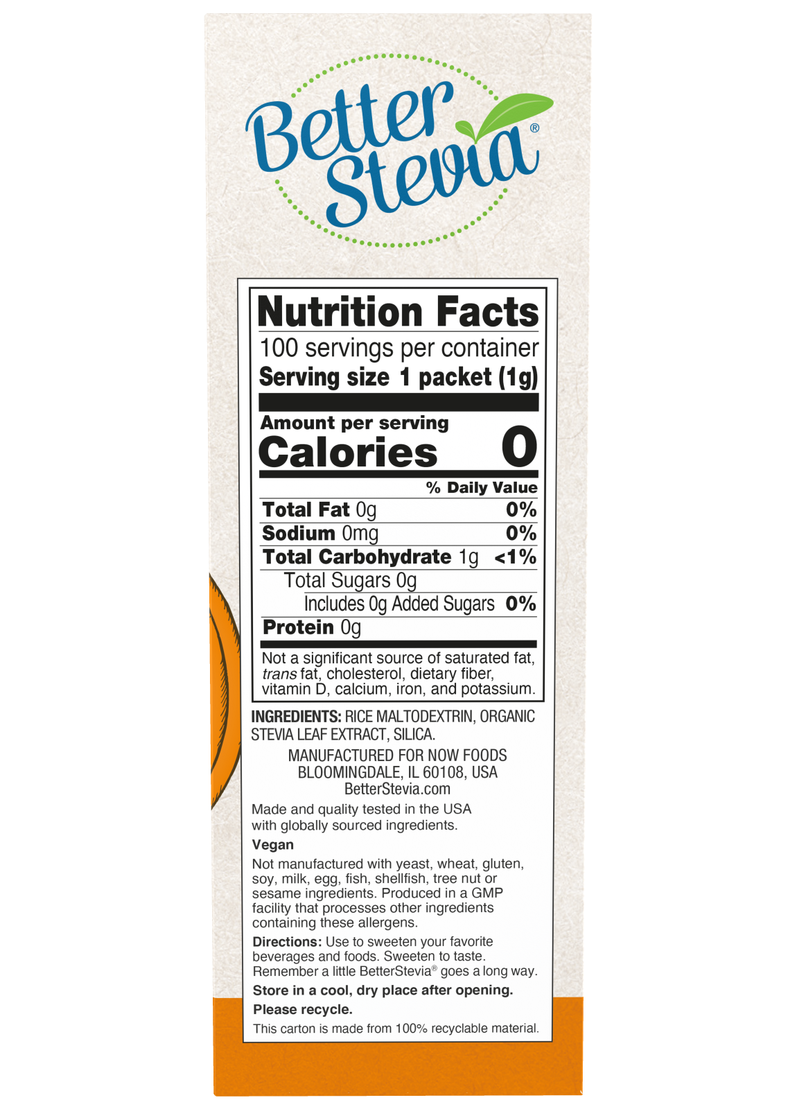 NOW BetterStevia®  Granulated Zero-Calorie Sweetener, 100 Packets
