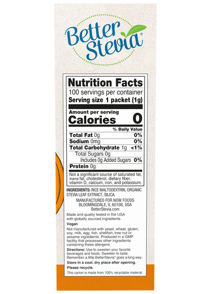 NOW BetterStevia®  Granulated Zero-Calorie Sweetener, 100 Packets