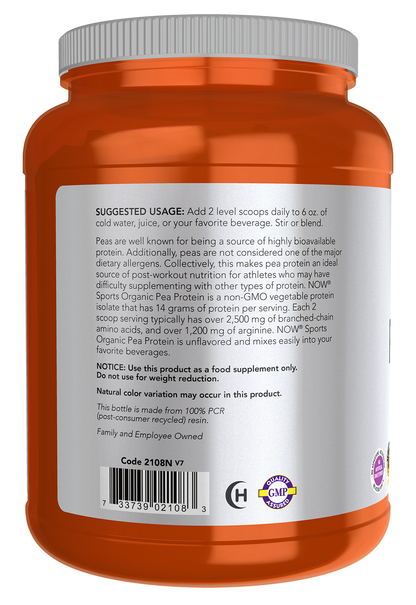 NOW Sports, Certified Organic Pea Protein 14g, Unflavored Powder, 1.5 lbs