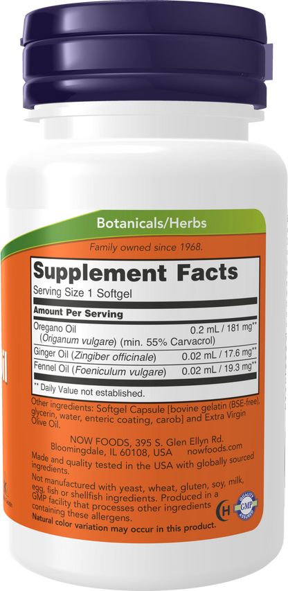 NOW Supplements, Oregano Oil, Ginger & Fennel, Enteric Coated, 90 Softgels