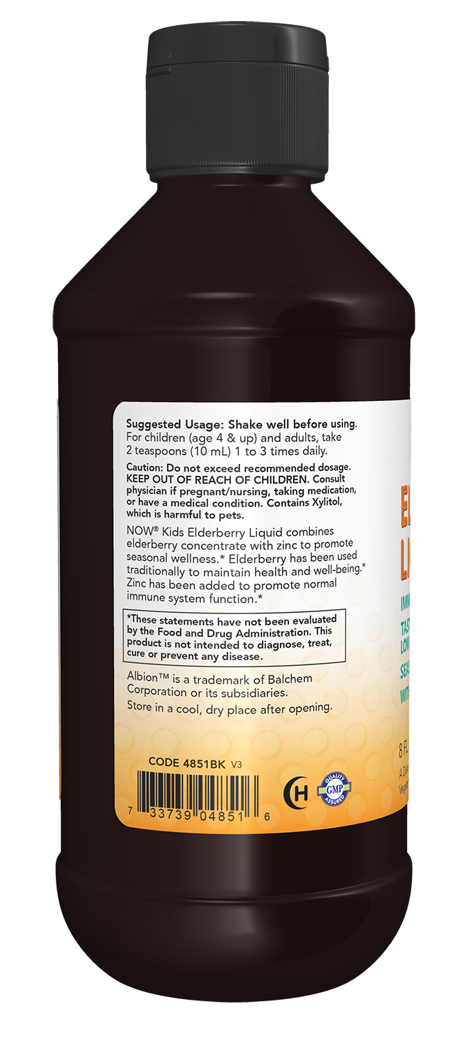 NOW Supplements, Liquid Elderberry for Kids with Zinc, 8 oz