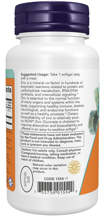NOW Supplements, Zinc Glycinate with 250 mg Pumpkin Seed Oil, 120 Softgels