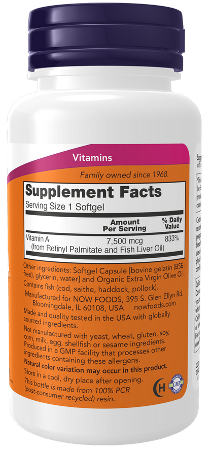 NOW Supplements, Vitamin A (Fish Liver Oil) 25,000 IU, 250 Softgels
