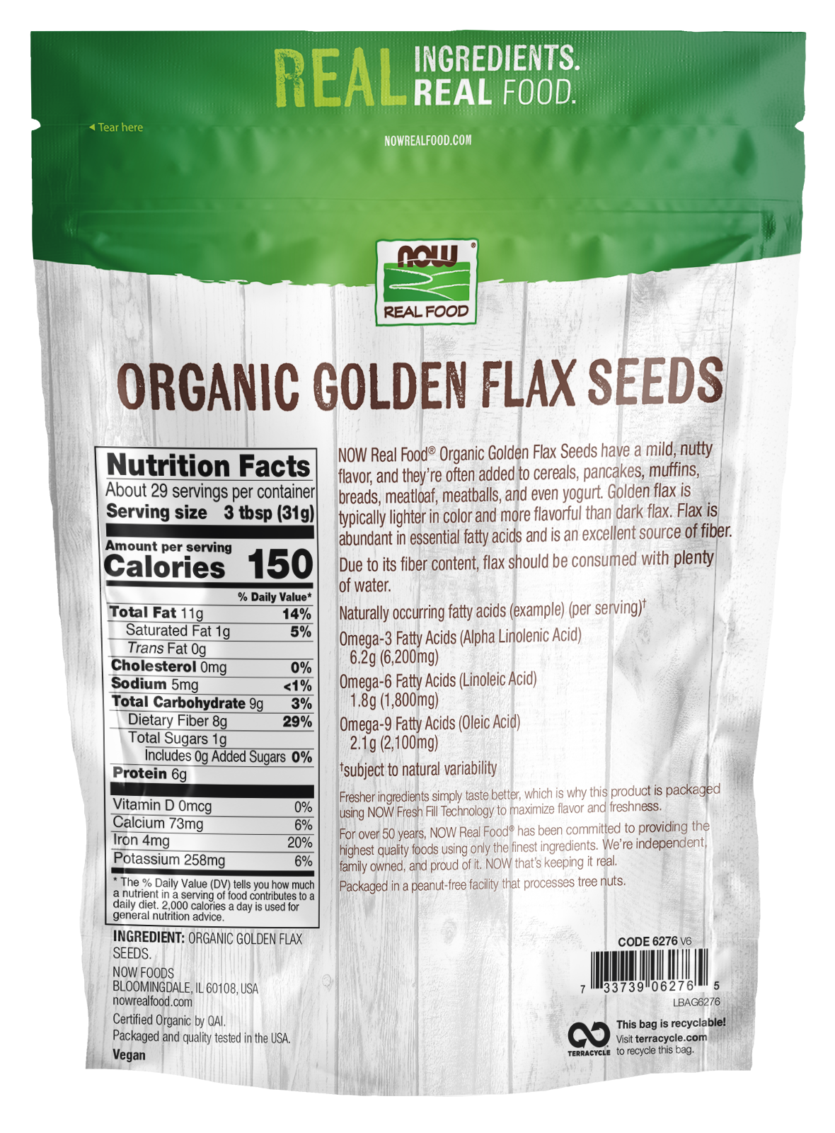 NOW Foods, Organic Golden Flax Seeds, Source of Fiber, Non-GMO, 2 lb