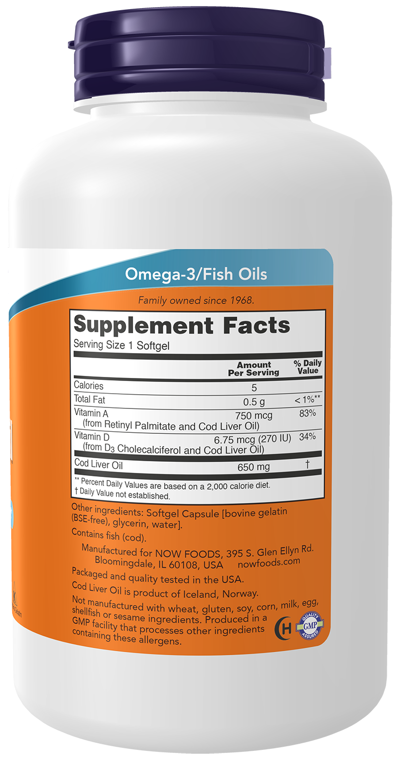 NOW Supplements, Cod Liver Oil 650 mg, Vitamins A & D-3, 250 Softgels