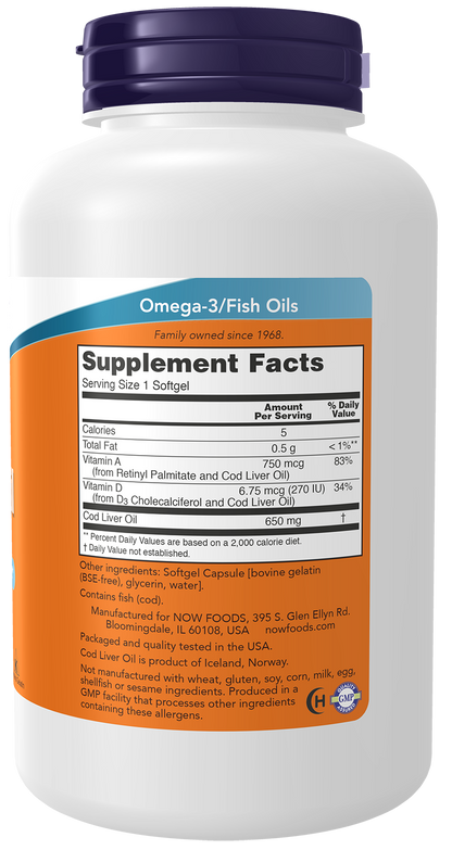 NOW Supplements, Cod Liver Oil 650 mg, Vitamins A & D-3, 250 Softgels