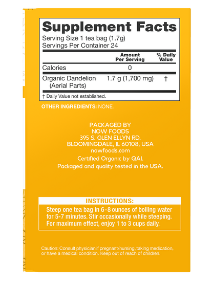 NOW Foods Give a Tea®, Certified Organic Dandelion, Cleansing Tea*, 24 Bags