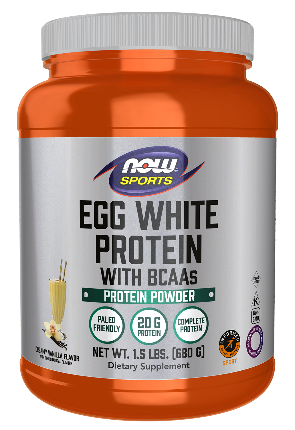 NOW Sports, Egg White Protein, 20g w/BCAAs, Creamy Vanilla Powder, 1.5 lbs