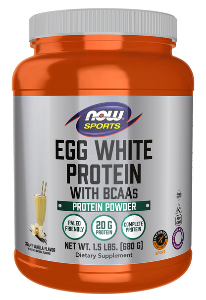 NOW Sports, Egg White Protein, 20g w/BCAAs, Creamy Vanilla Powder, 1.5 lbs