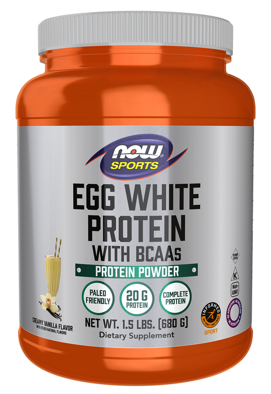 NOW Sports, Egg White Protein, 20g w/BCAAs, Creamy Vanilla Powder, 1.5 lbs