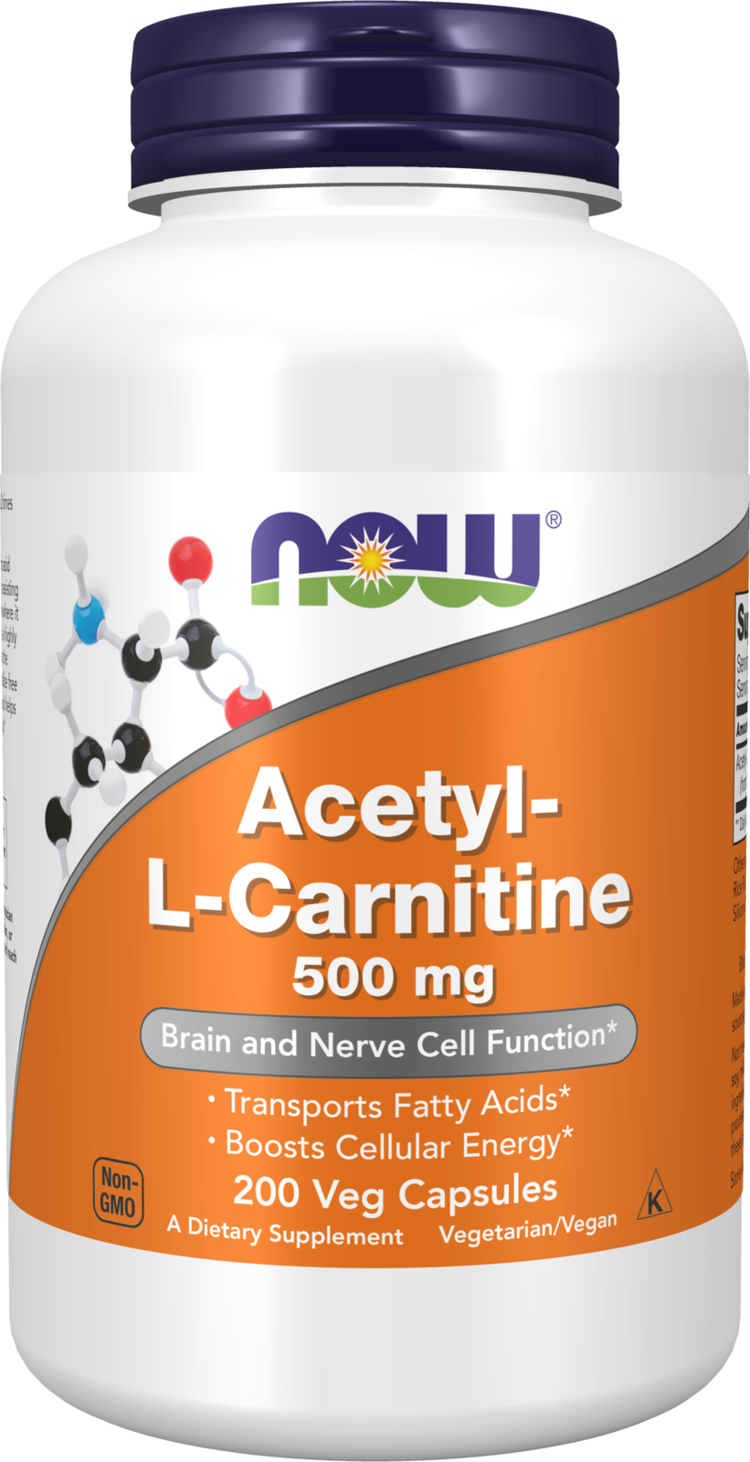 NOW Supplements, Acetyl-L Carnitine 500 mg, Brain Energy*, 200 Veg Caps
