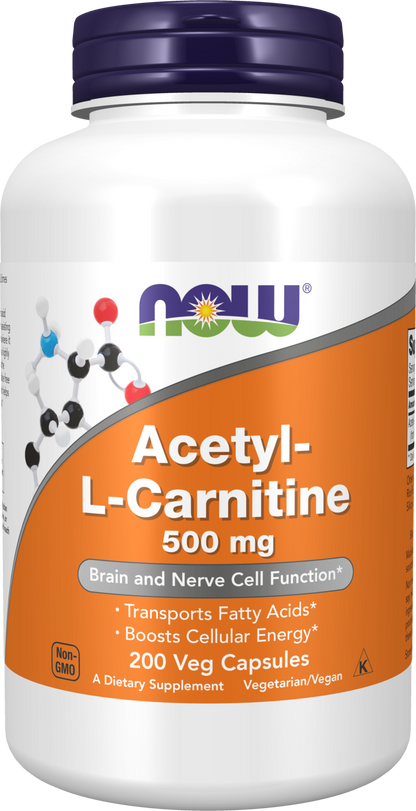 NOW Supplements, Acetyl-L Carnitine 500 mg, Brain Energy*, 200 Veg Caps