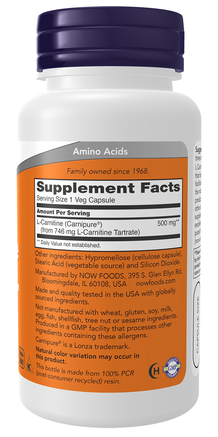 NOW Supplements, L-Carnitine 500mg, Purest Form, Amino Acid, 60 Veg Caps