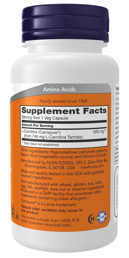 NOW Supplements, L-Carnitine 500mg, Purest Form, Amino Acid, 60 Veg Caps