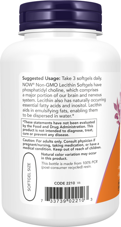 NOW Supplements, Lecithin 1200 mg, Phosphatidyl Choline, 100 Softgels