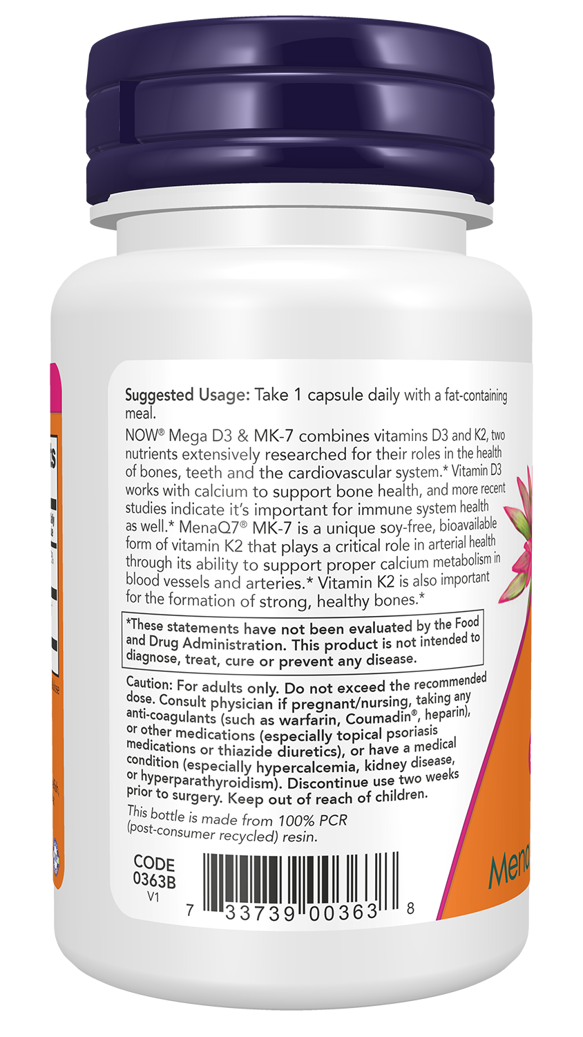 NOW Supplements, Mega D-3 & MK-7, 5000 IU / 180 mcg, 30 Caps